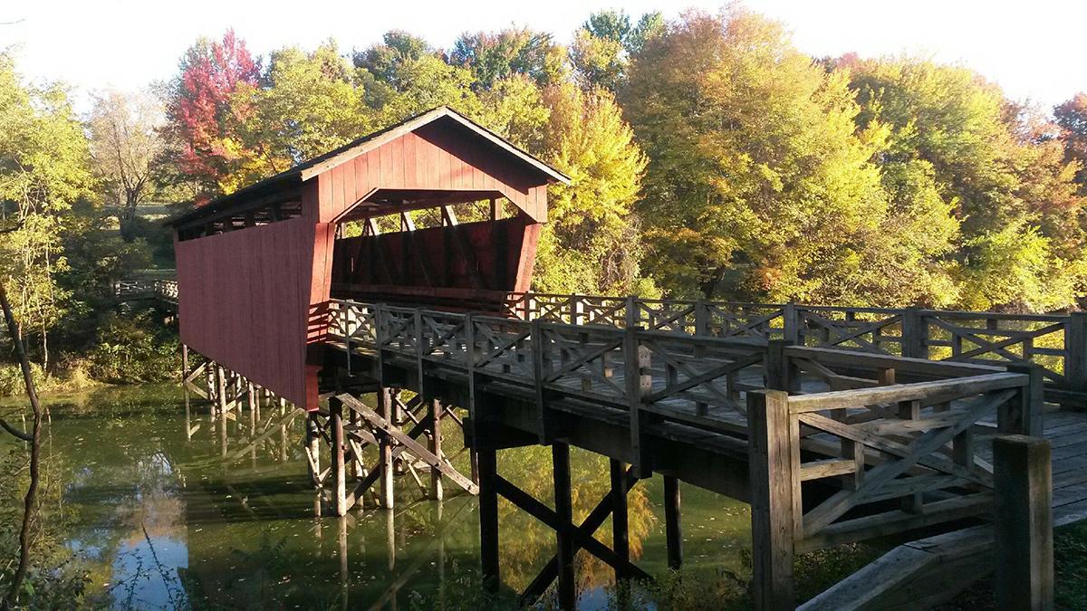 A covered red bridge that sits high over a pond.