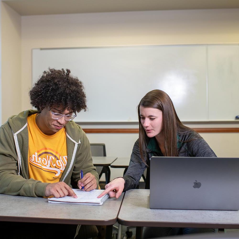 Two students work on a computer together